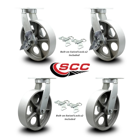 Service Caster 12 Inch Extra Heavy Duty Semi Steel Cast Iron Caster Swivel Locks 2 Brakes, 4PK SCC-KP92S1230-SSR-SLB-BSL-2-BSL-2